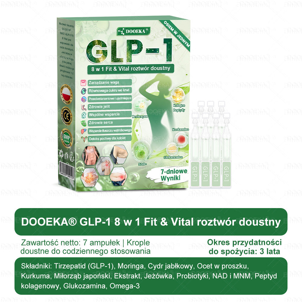 💥 DOOEKA® GLP-1 8 w 1 Fit & Vital roztwór doustny – Raz dziennie, widoczne zmiany w ciągu 7 dni / W przypadku otyłości, zdrowia serca i układu krążenia, cukrzycy, bezdechu sennego, zdrowia jelit, problemów ze stawami i wielu innych