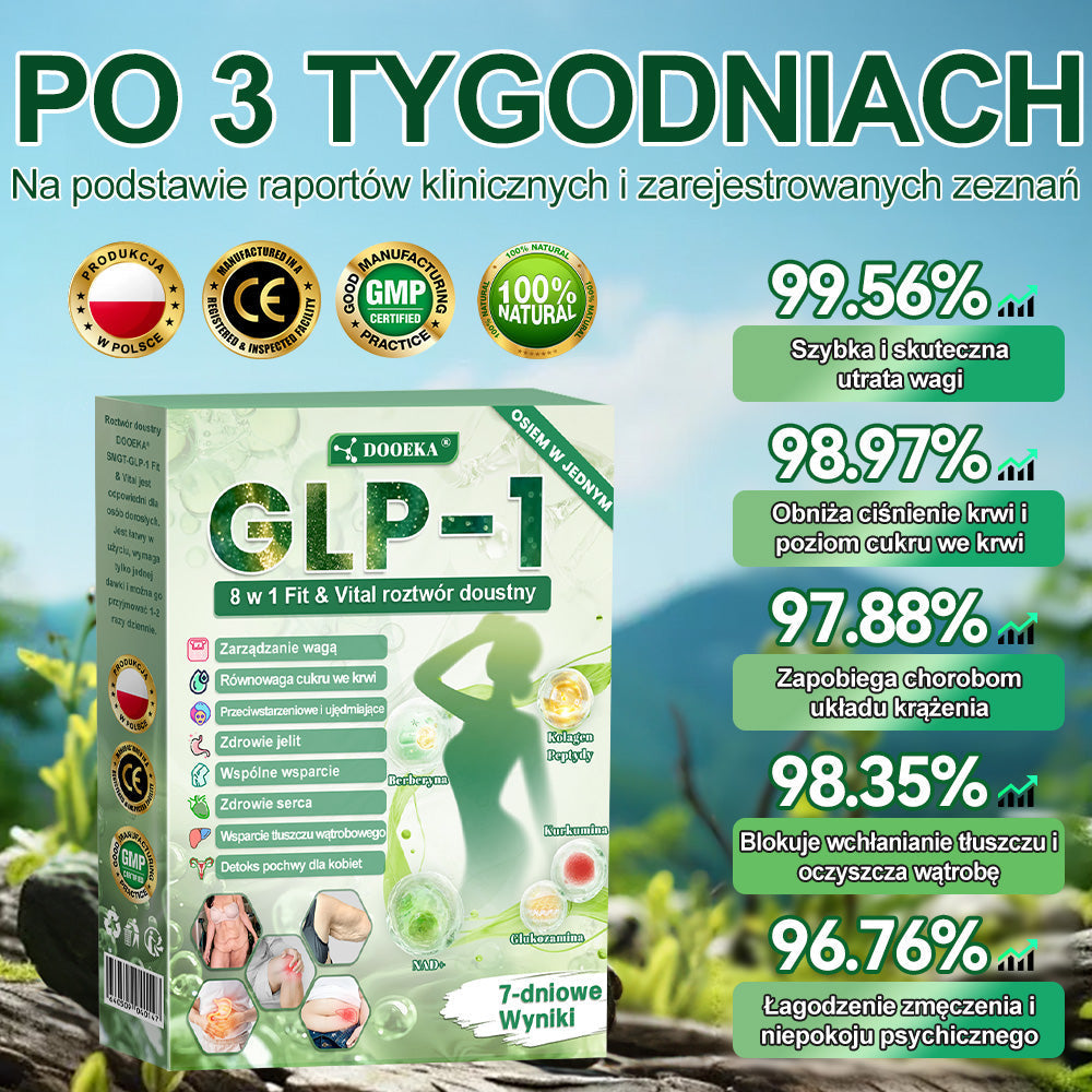 🌱 DOOEKA® GLP-1 8 w 1 Fit & Vital roztwór doustny – Raz dziennie, widoczne zmiany w ciągu 7 dni / W przypadku otyłości, zdrowia serca i układu krążenia, cukrzycy, bezdechu sennego, zdrowia jelit, problemów ze stawami i wielu innych