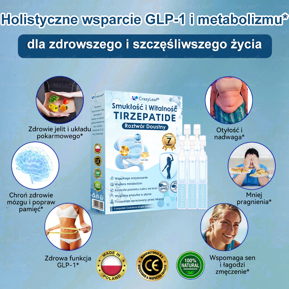 CrazyLeaf® Szczupłość i Witalność Tirzepatide – doustny roztwór wspierający odchudzanie, ciśnienie i poziom cukru