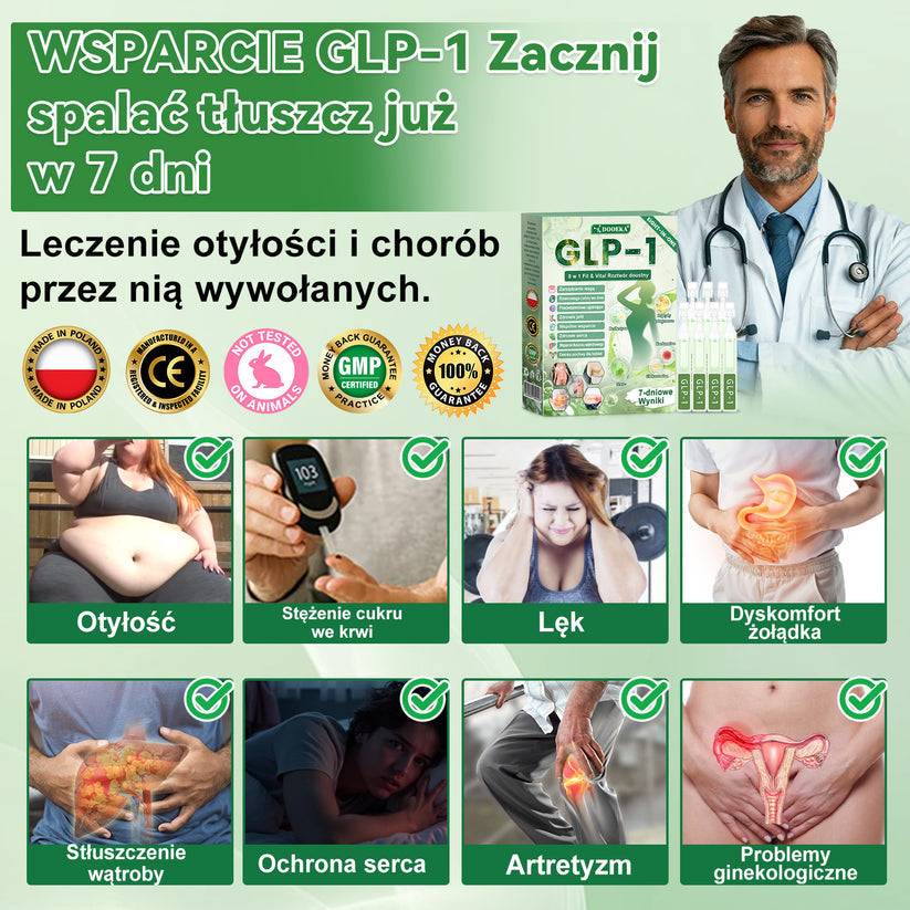 🌱 DOOEKA® GLP-1 8 w 1 Fit & Vital roztwór doustny – Raz dziennie, widoczne zmiany w ciągu 7 dni / W przypadku otyłości, zdrowia serca i układu krążenia, cukrzycy, bezdechu sennego, zdrowia jelit, problemów ze stawami i wielu innych